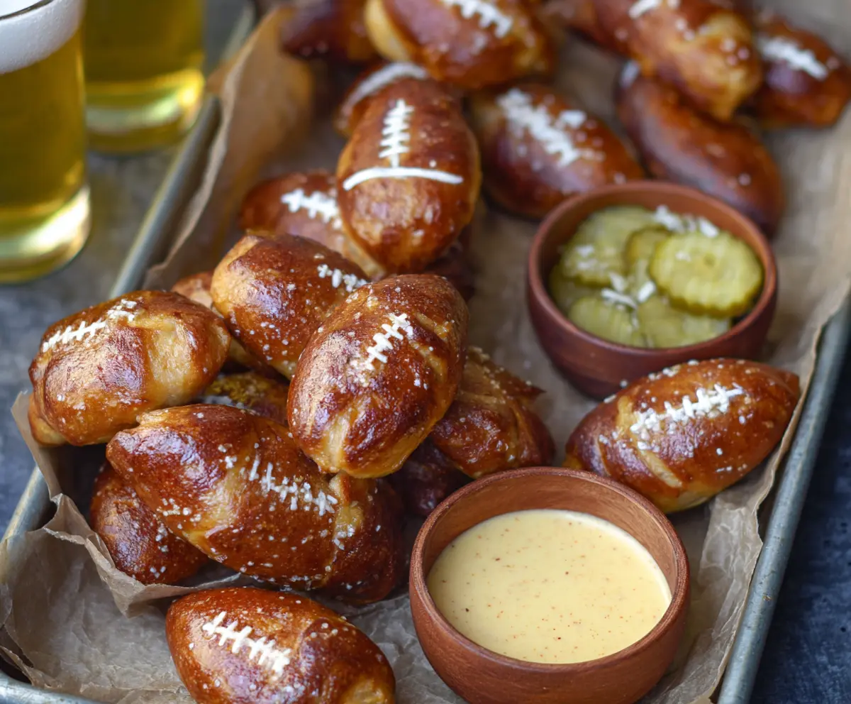 Football shaped soft pretzel bites on a wooden serving tray, perfect for game day snacks.