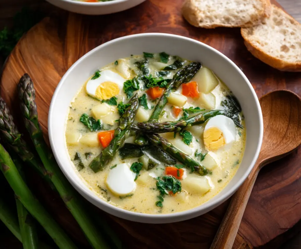 Delicious French Spring Soup with fresh vegetables and herbs in a rustic bowl.