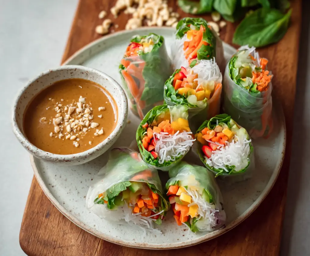 Colorful fresh spring rolls filled with vegetables and herbs served with creamy peanut sauce.