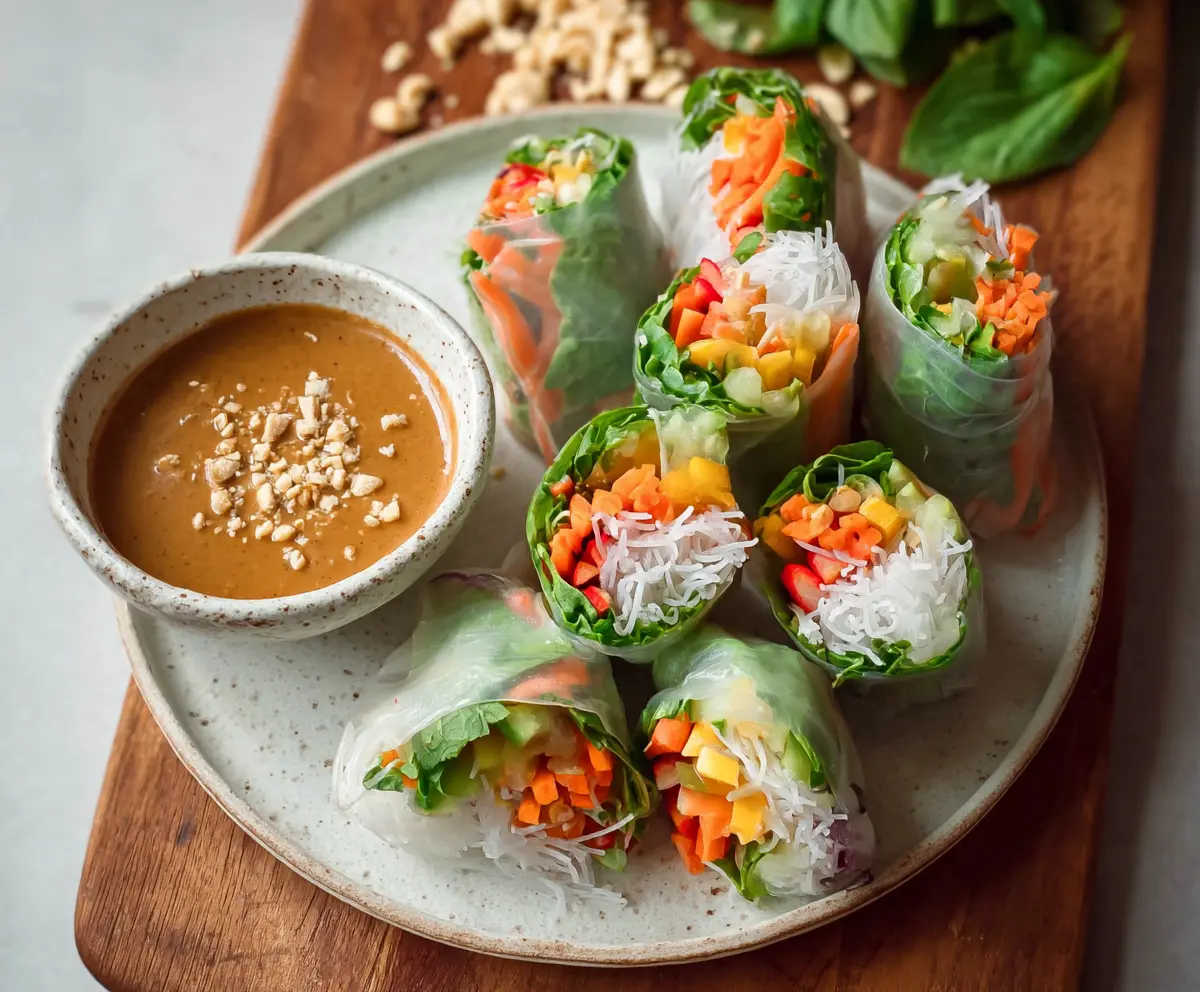 Colorful fresh spring rolls filled with vegetables and herbs served with creamy peanut sauce.