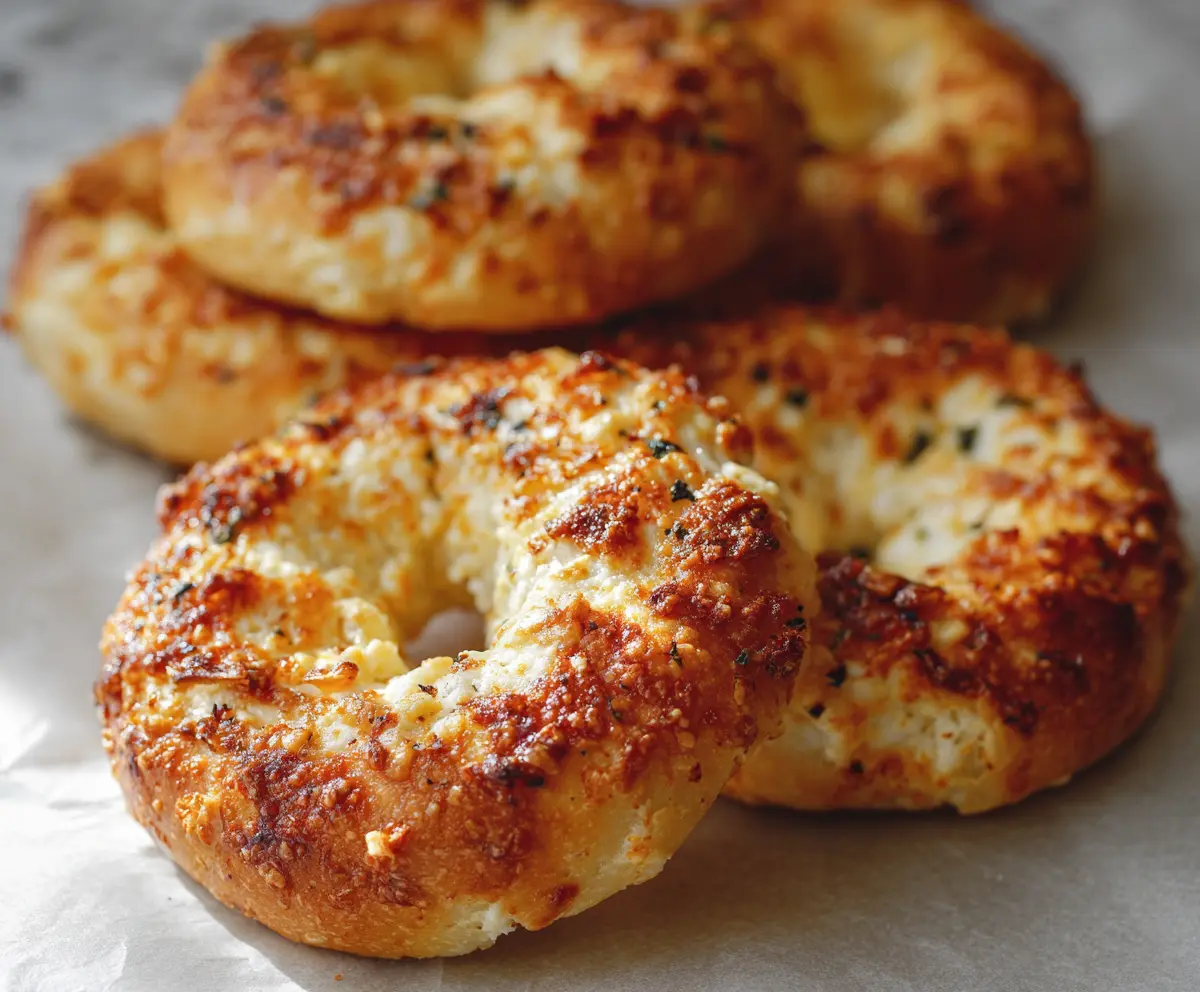 Delicious Garlic Parmesan Cottage Cheese Bagels showcasing a golden-brown crust and sprinkles of garlic and Parmesan cheese.