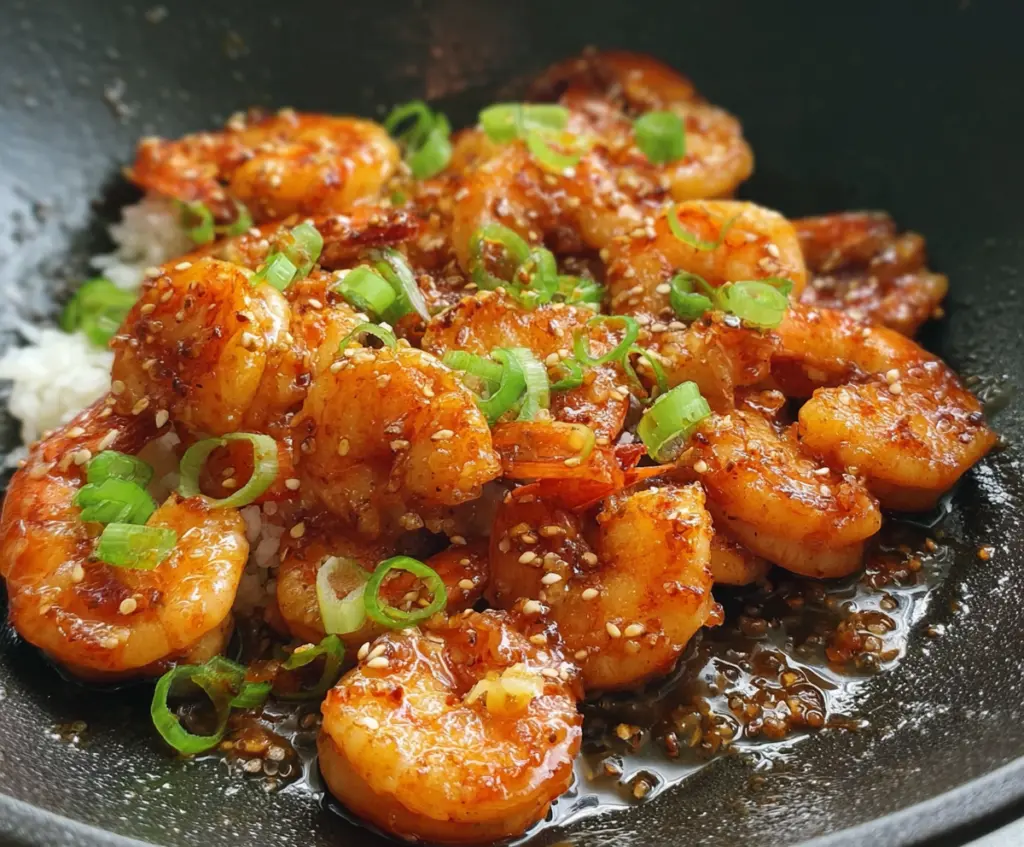 Delicious Ginger Honey Glazed Shrimp served on a white plate, garnished with fresh herbs.