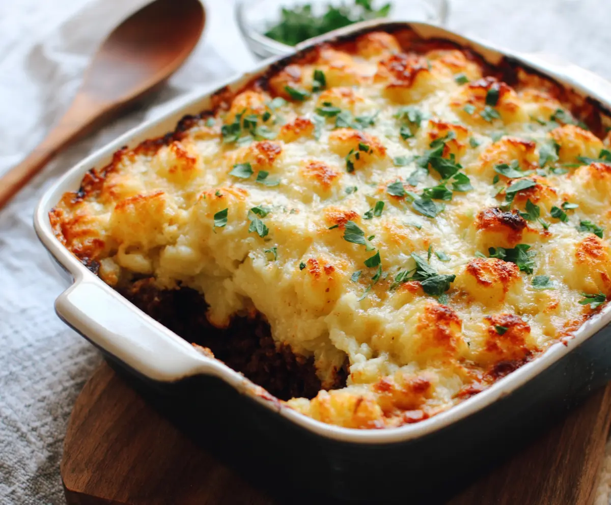 Delicious homemade Gnocchi Shepherd's Pie featuring fluffy gnocchi topped with savory meat and vegetables.