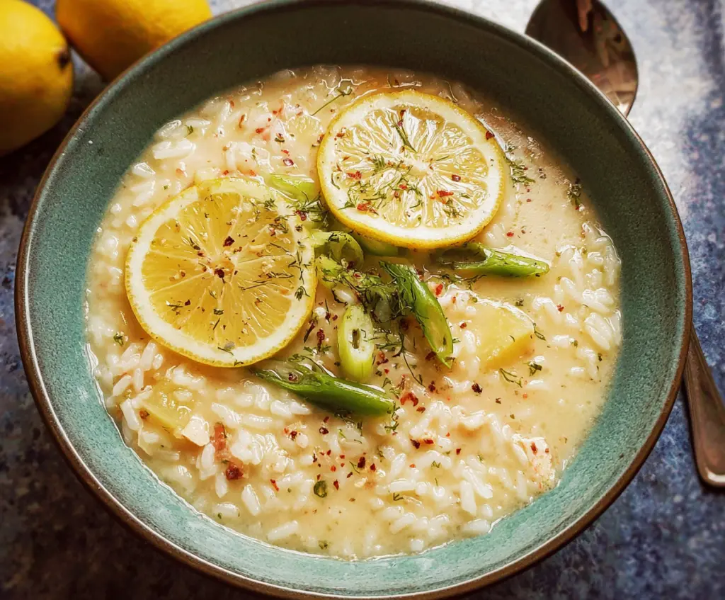 Delicious Greek Lemon Rice Soup in a bowl, garnished with fresh herbs, showcasing a comforting and flavorful traditional dish.