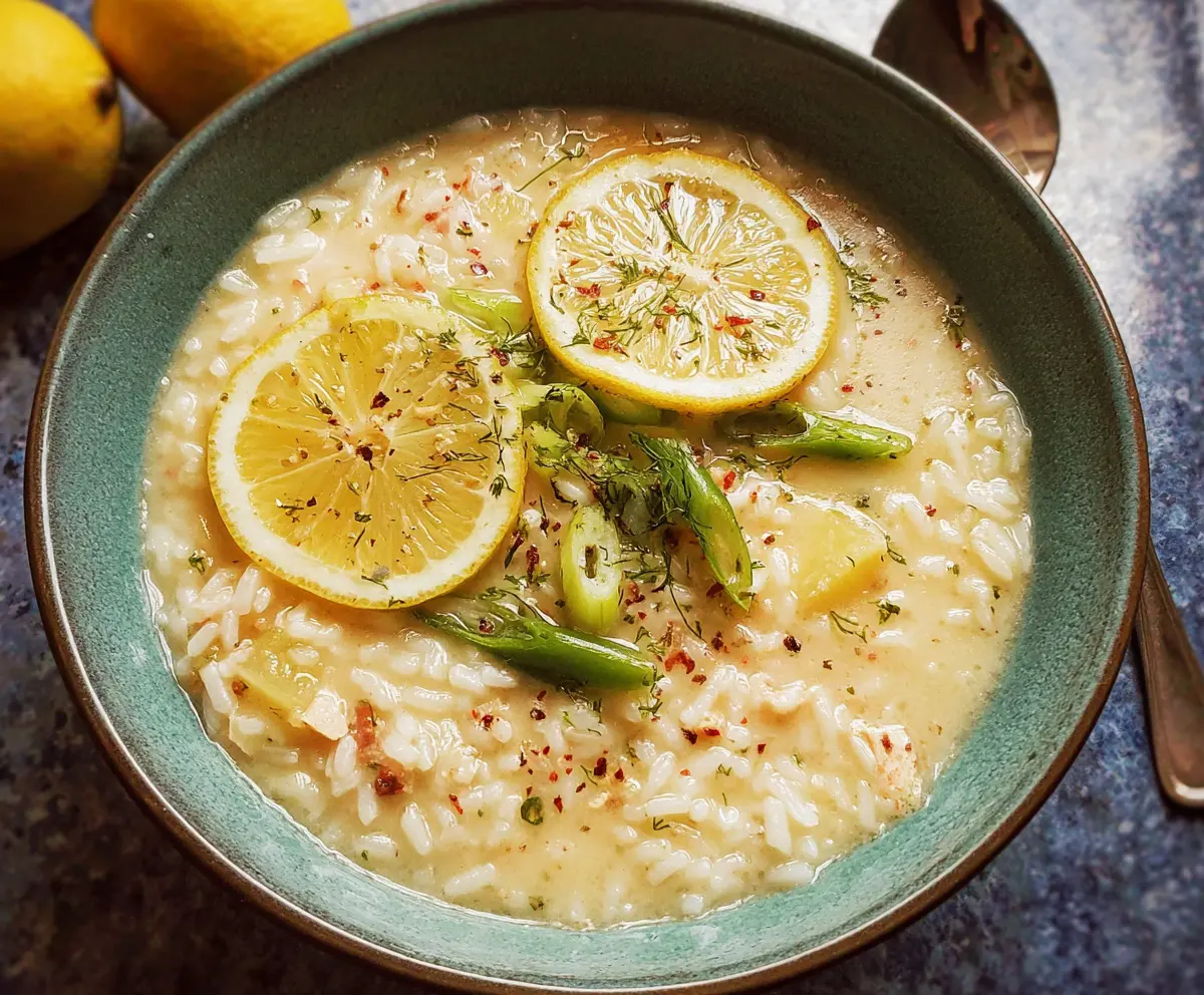 Delicious Greek Lemon Rice Soup in a bowl, garnished with fresh herbs, showcasing a comforting and flavorful traditional dish.