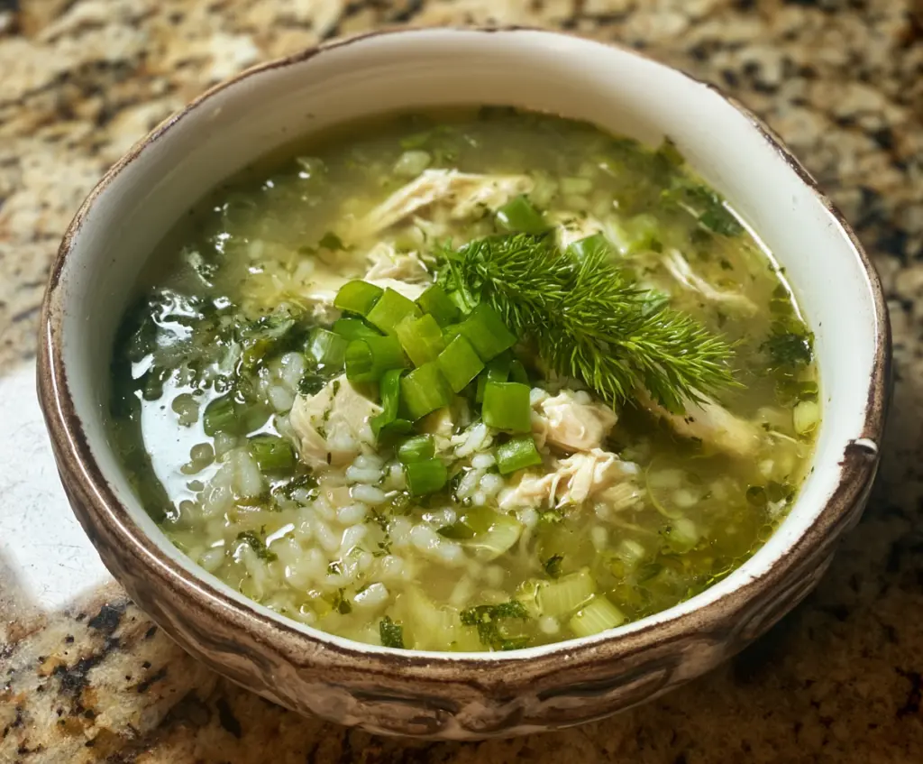 Delicious green garlic and ginger chicken and rice soup served in a bowl, perfect for a comforting meal.