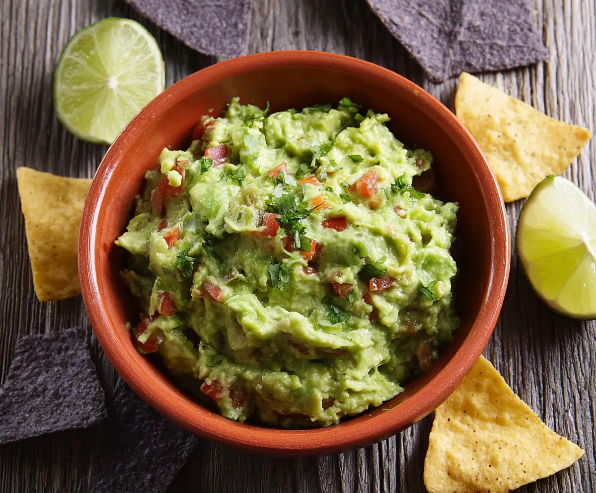 Creamy homemade guacamole with fresh avocados, tomatoes, and cilantro served as a healthy appetizer.