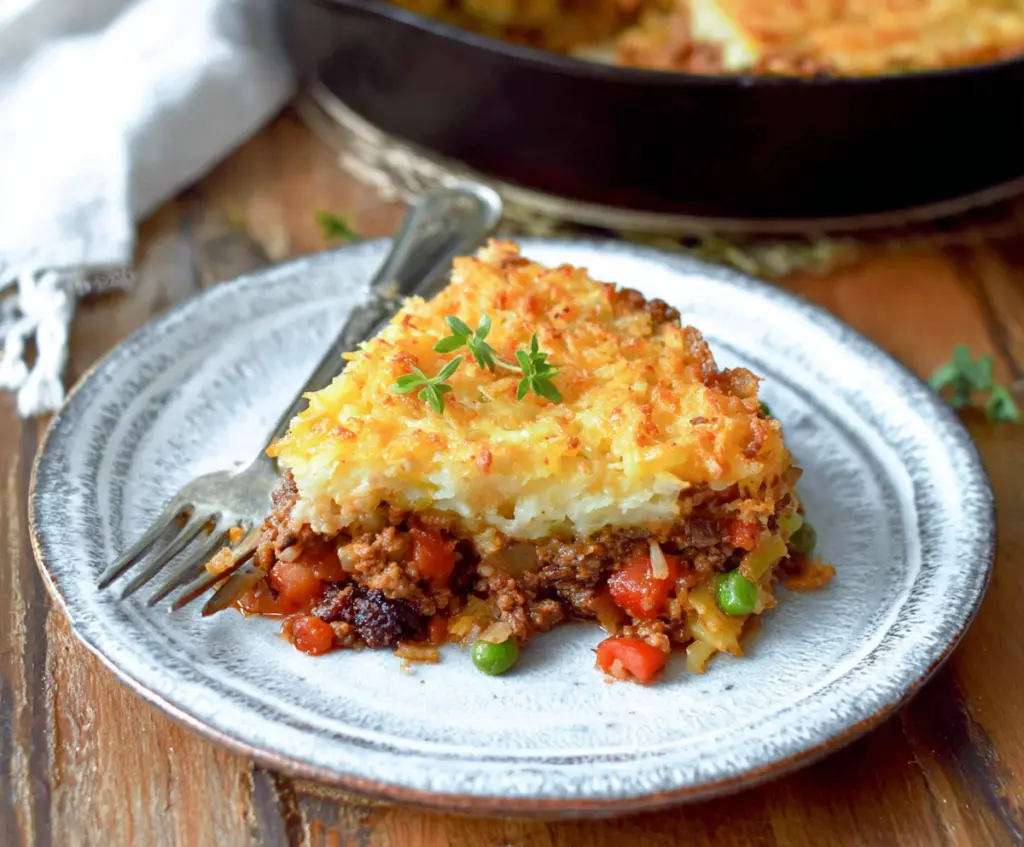 Delicious Hash Brown Shepherd's Pie topped with golden crispy hash browns and melted cheese.