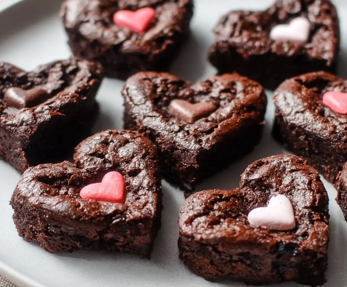 Delicious heart-shaped brownies with a rich chocolate glaze, perfect for Valentine's Day dessert.
