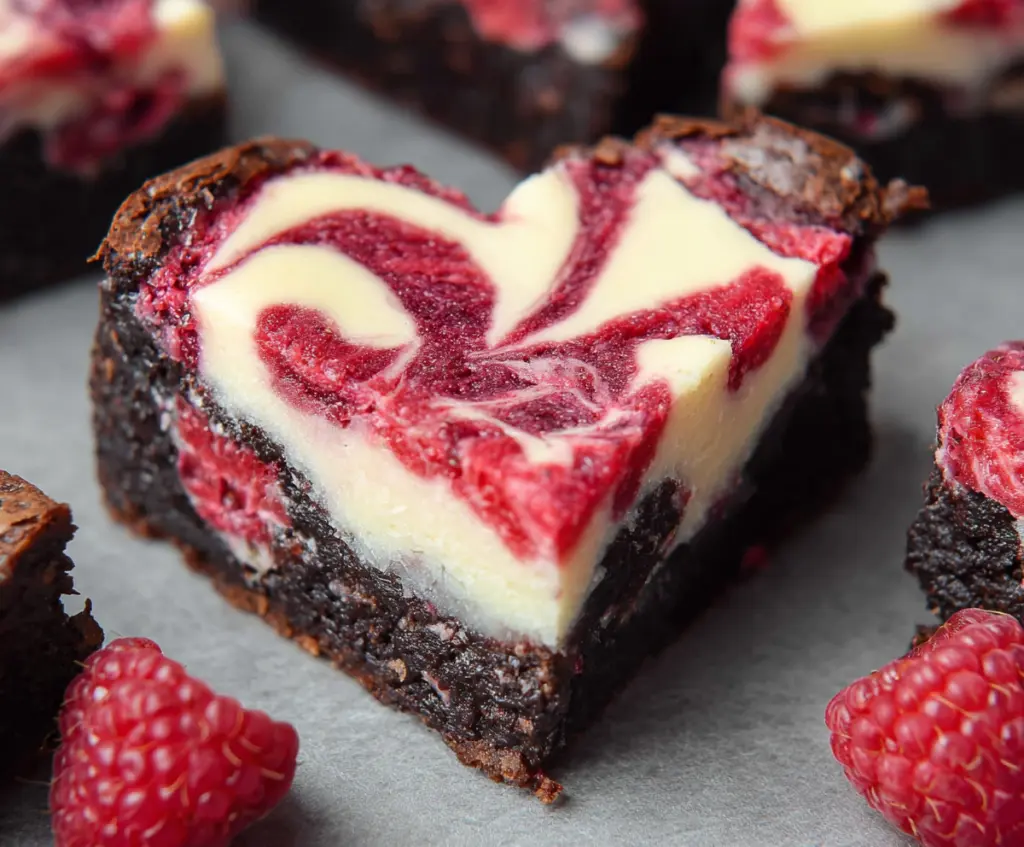 Delicious heart-shaped raspberry cheesecake brownies with a rich, creamy chocolate and vibrant berry topping.