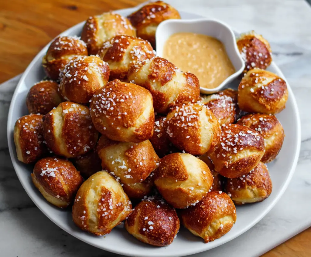 Delicious homemade soft pretzel bites served on a wooden platter, perfect for snacking.