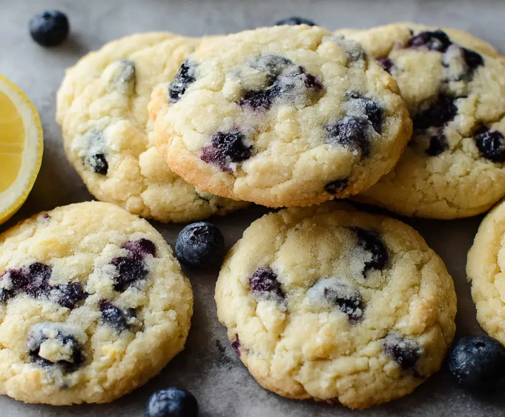 Delicious Lemon Blueberry Cookies on a white plate with fresh blueberries and lemon slices.