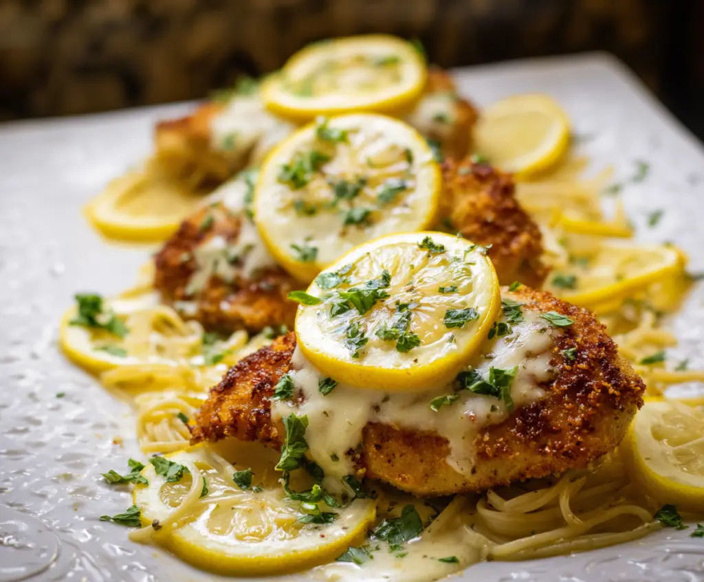 Delicious Lemon Chicken Romano with crispy golden breading and fresh lemon slices