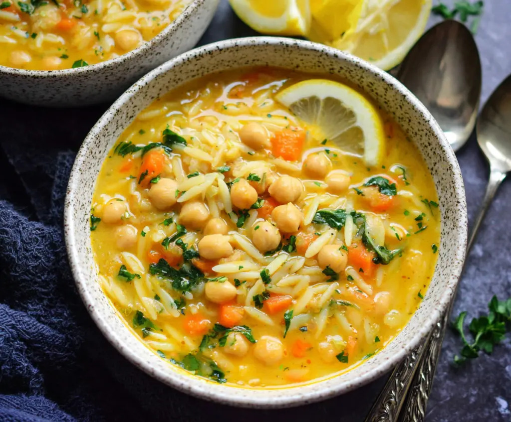 Delicious Lemon Chickpea Orzo Soup in a bowl, garnished with fresh herbs, perfect for a healthy meal.