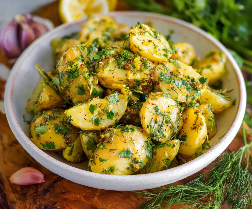 Fresh Lemon Herb Potato Salad with chopped herbs and lemon slices, perfect for summer picnics.