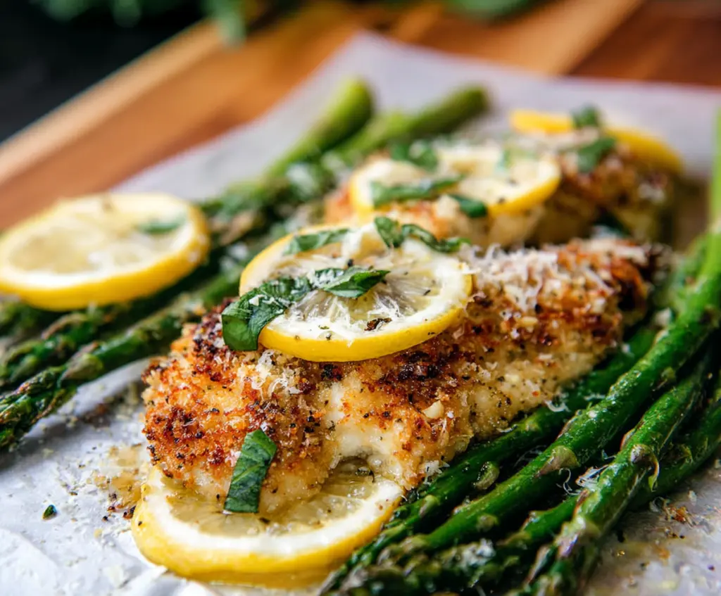 Juicy Lemon Parmesan Chicken served with tender asparagus in a fresh and flavorful dish.