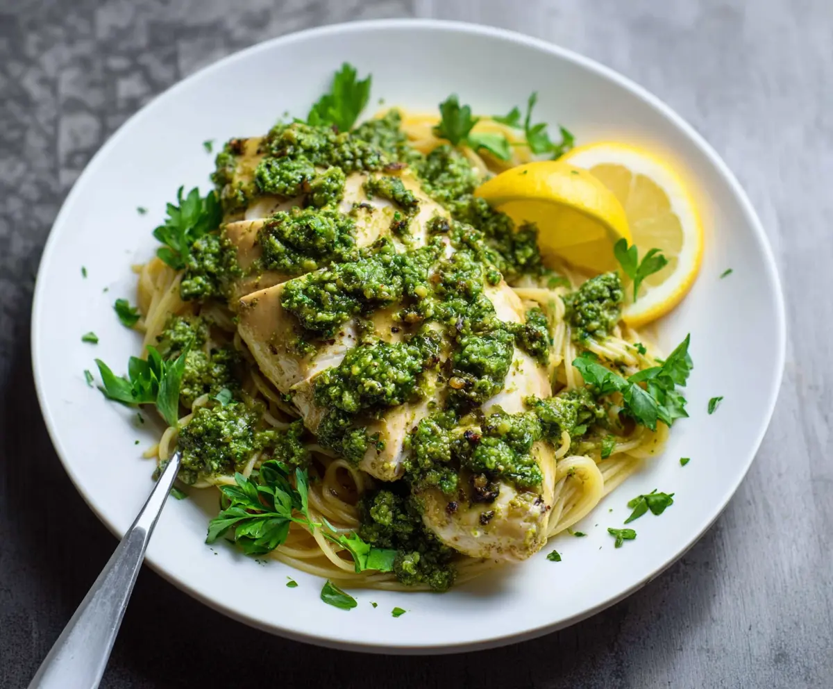 Succulent lemon pesto chicken served with fresh herbs on a white plate