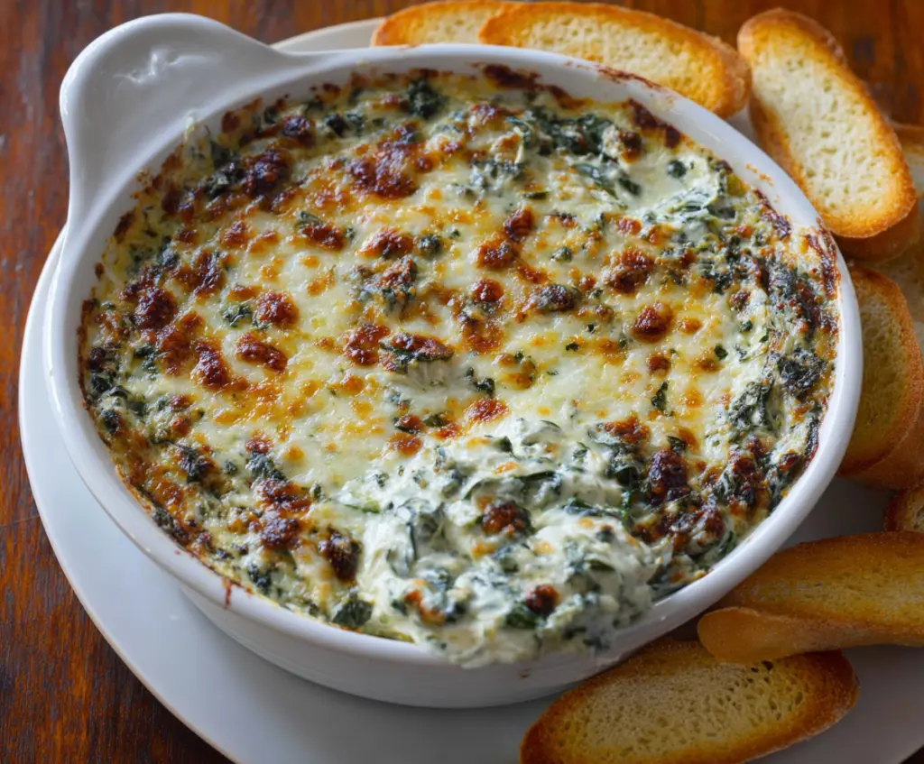 Creamy Longhorn Steakhouse Spinach Dip served with crispy chips and fresh vegetables.