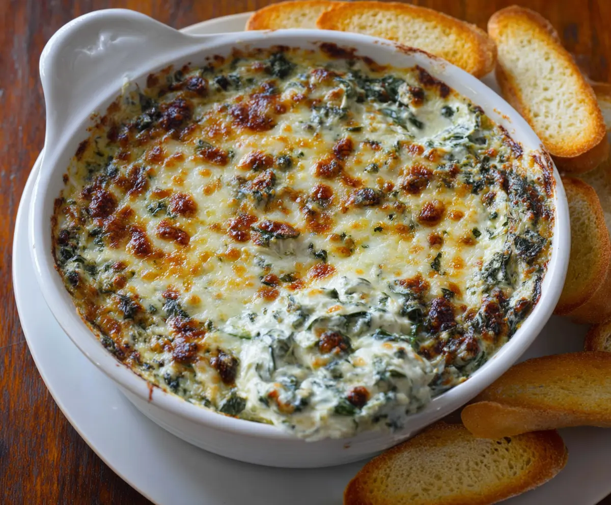 Creamy Longhorn Steakhouse Spinach Dip served with crispy chips and fresh vegetables.