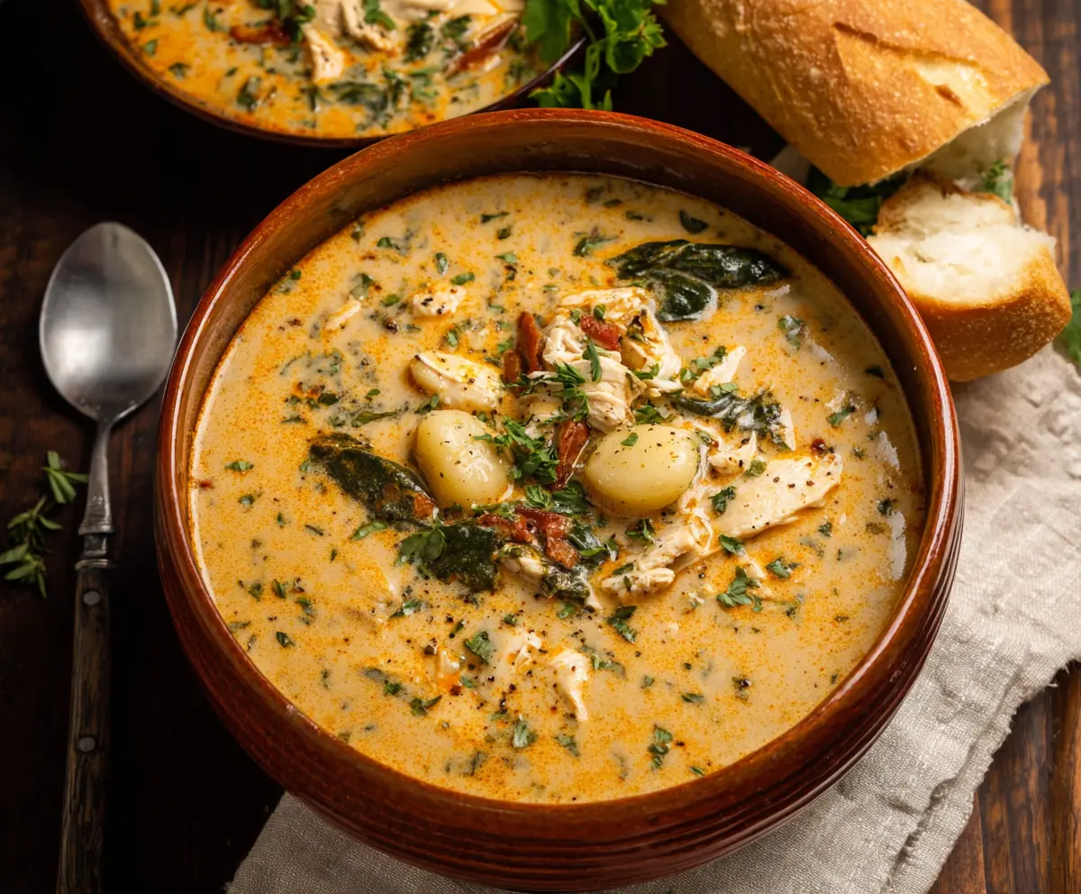 Creamy Marry Me Tuscan Chicken Gnocchi Soup with fresh herbs and vegetables