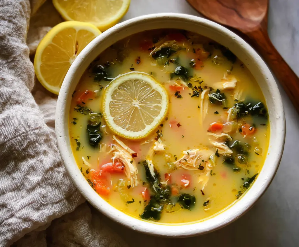 Delicious Mediterranean Lemon Chicken Soup with fresh herbs and tender chicken pieces in a bowl.