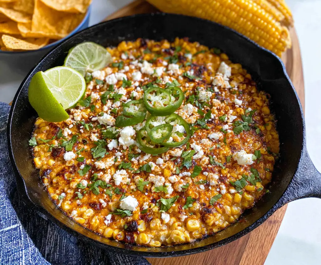 Delicious Mexican Street Corn Skillet Dip with melted cheese and colorful toppings
