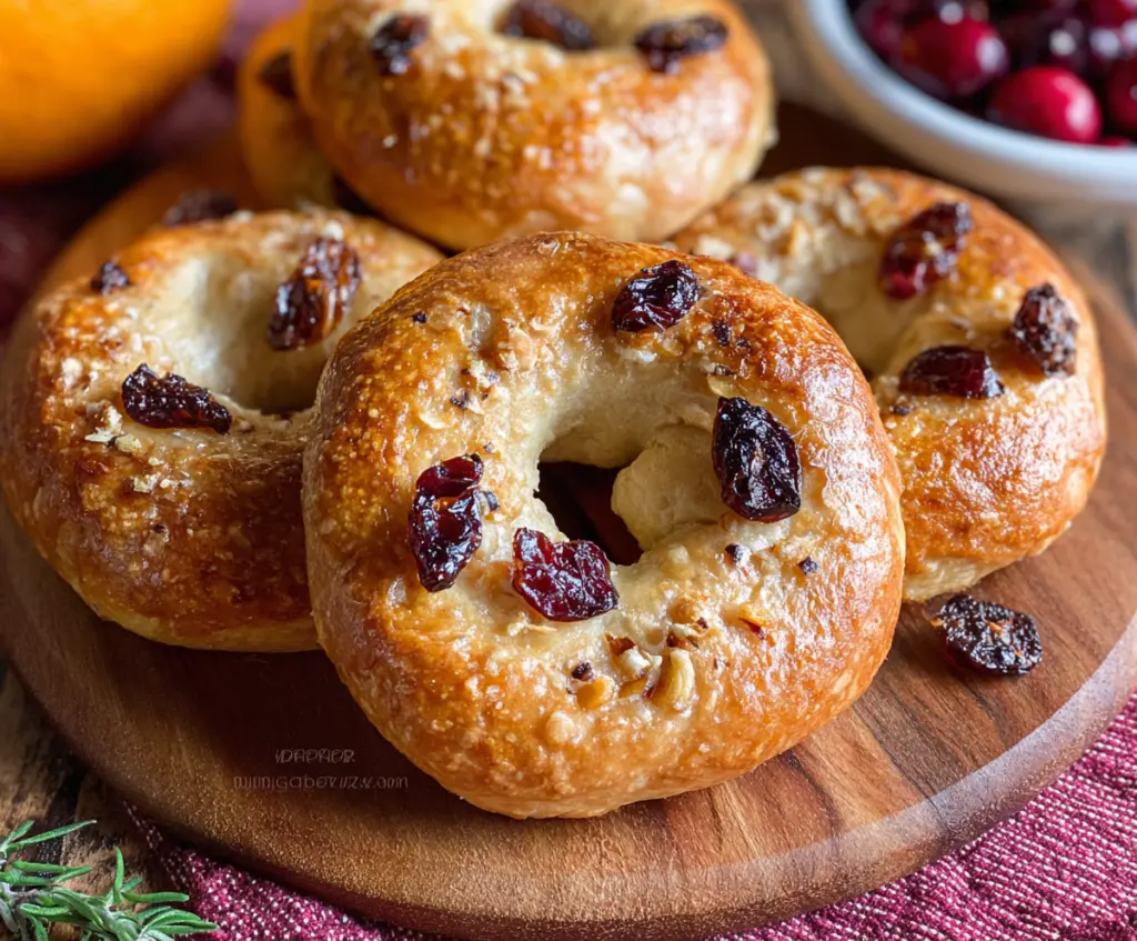 Mini cranberry orange bagels with fresh cranberries and orange zest on a baking tray.