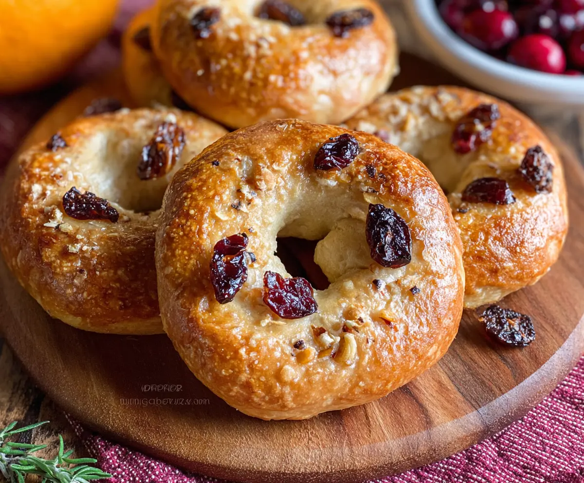 Mini cranberry orange bagels with fresh cranberries and orange zest on a baking tray.