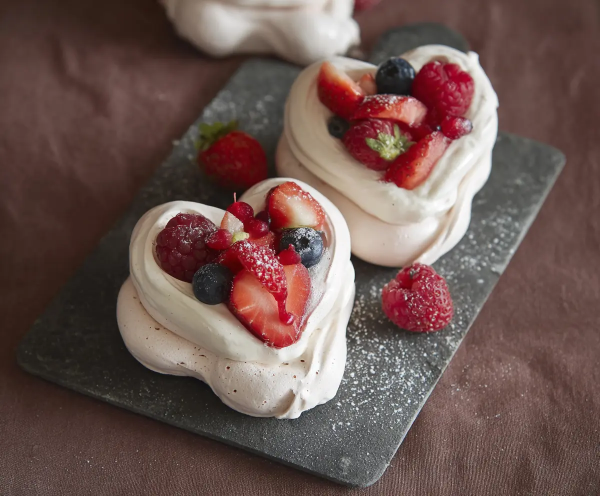 Mini Heart Pavlovas topped with fresh berries and whipped cream, perfect for Valentine's Day dessert.