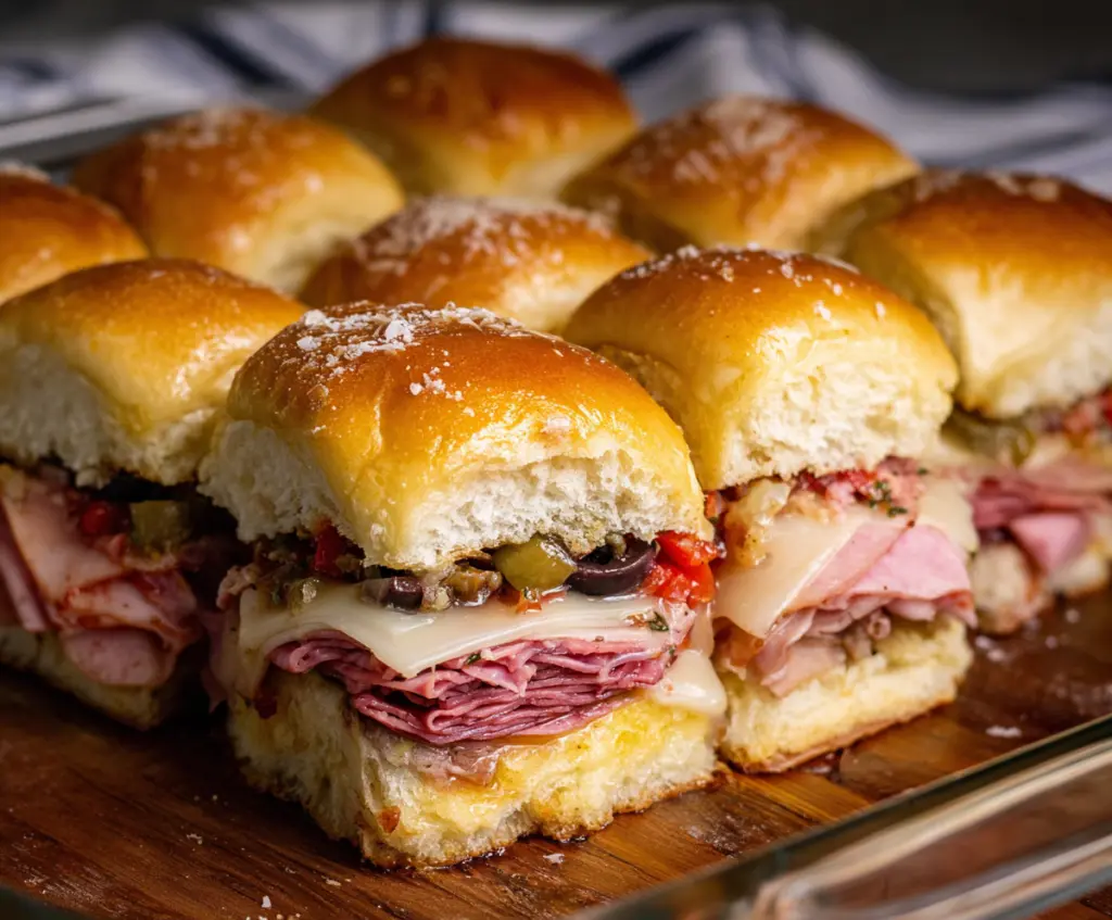 Delicious Muffuletta Sliders with layers of Italian cold cuts, cheese, and tangy olive salad in slider buns.