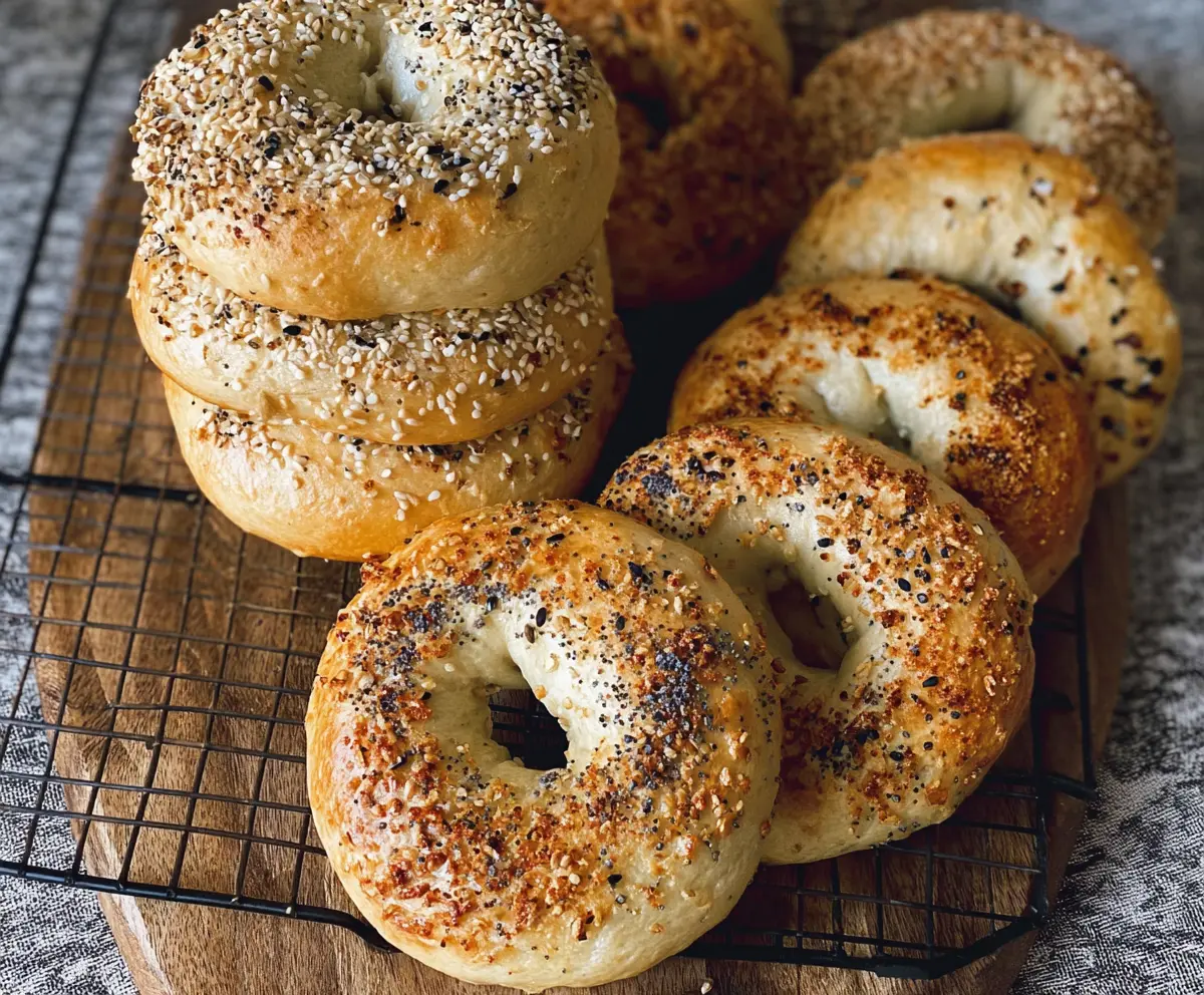 Freshly baked New York Style Sourdough Discard Bagels with a golden crust and chewy texture.