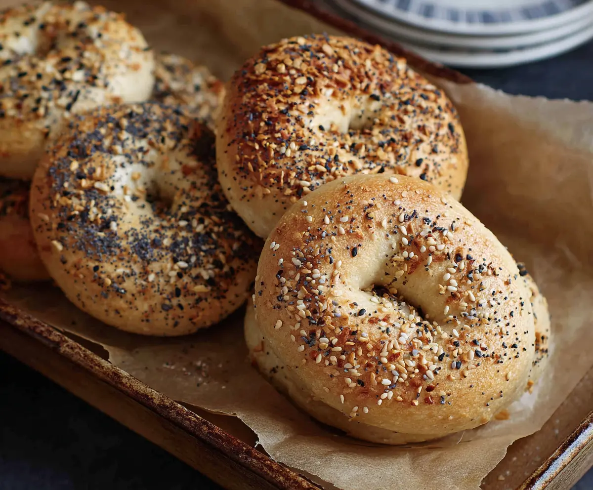 Delicious homemade no yeast sourdough discard bagels on a wooden cutting board.