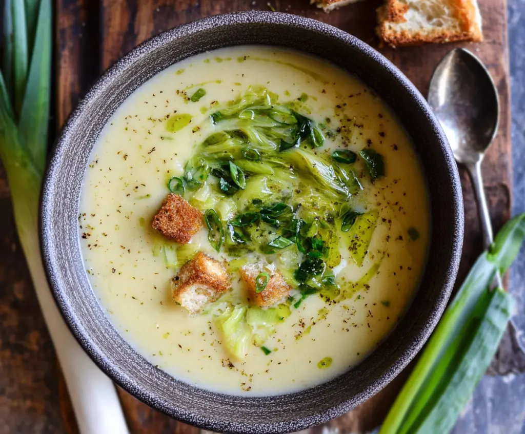Creamy one pot leek and potato soup served in a bowl with fresh herbs.