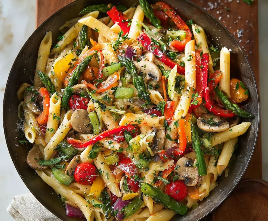 Colorful Pasta Primavera with fresh vegetables and herbs in a white bowl.