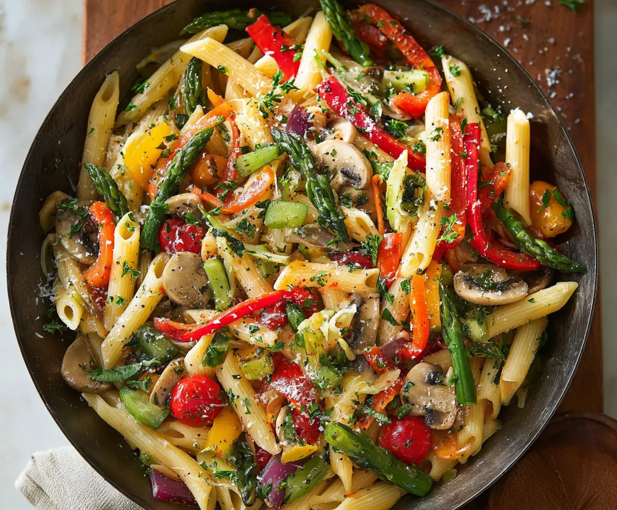 Colorful Pasta Primavera with fresh vegetables and herbs in a white bowl.