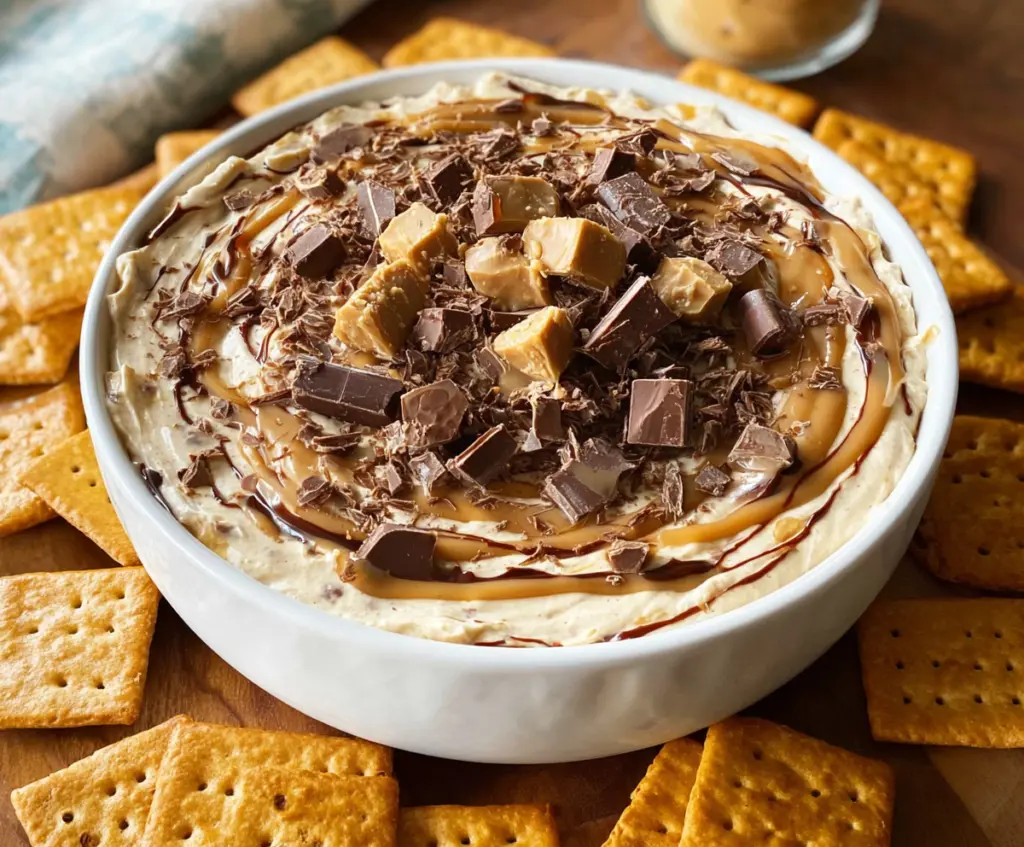 Creamy peanut butter cheesecake dip served with cookies, perfect for snacks and parties.