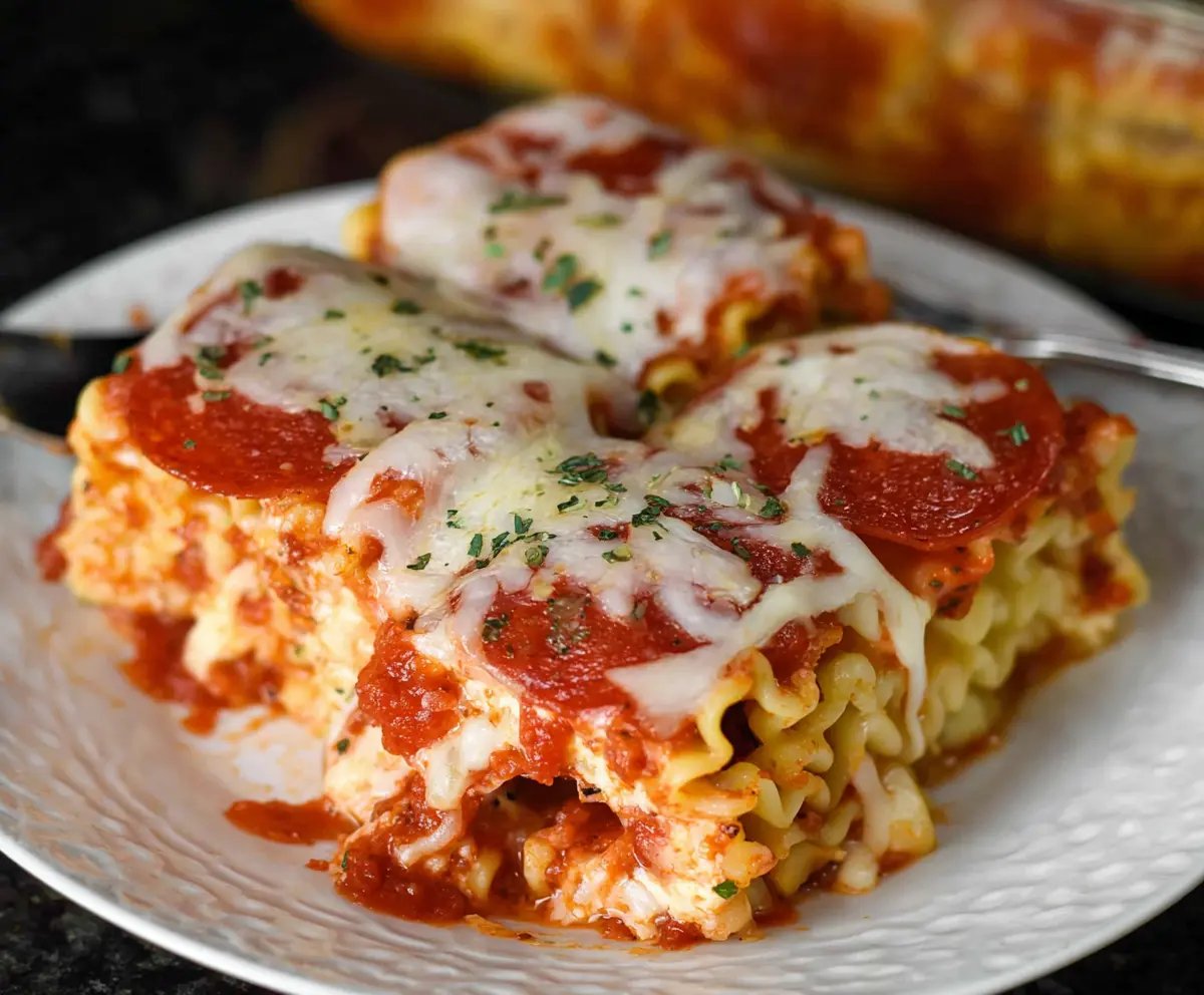Delicious Pepperoni Pizza Lasagna Roll Ups with gooey cheese and crispy edges on a serving plate.