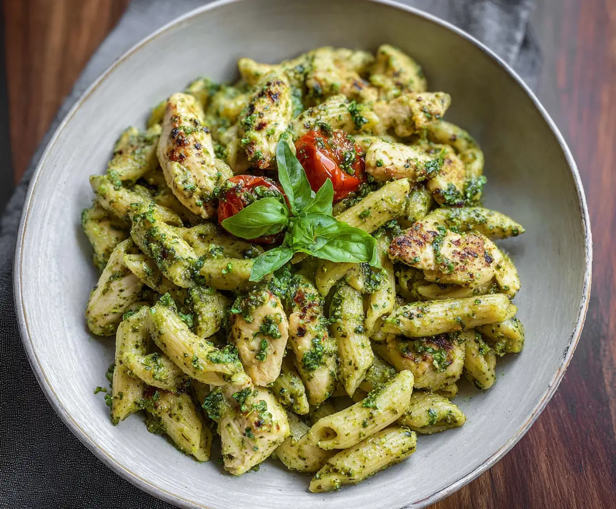 Delicious Pesto Chicken Pasta served on a white plate with fresh basil garnish.