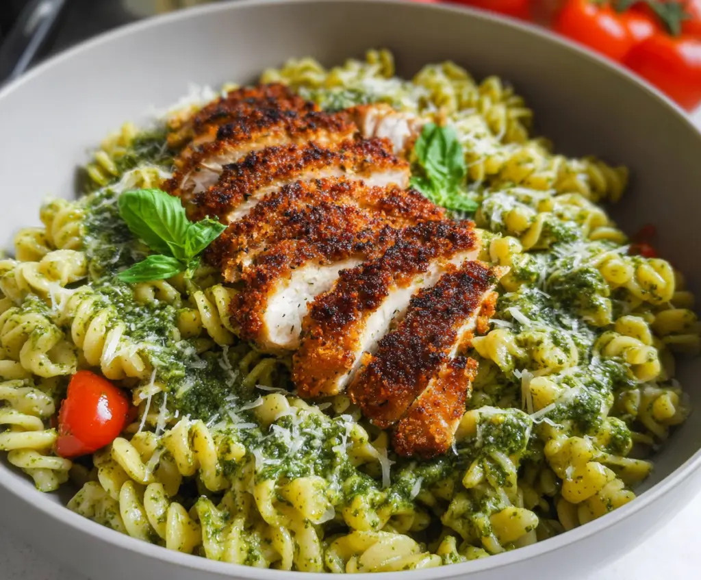 Delicious pesto pasta topped with crispy Parmesan chicken and fresh basil.