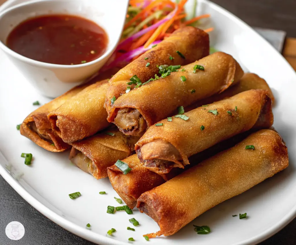 Crispy pork lumpia, Filipino appetizer, served with dipping sauce.