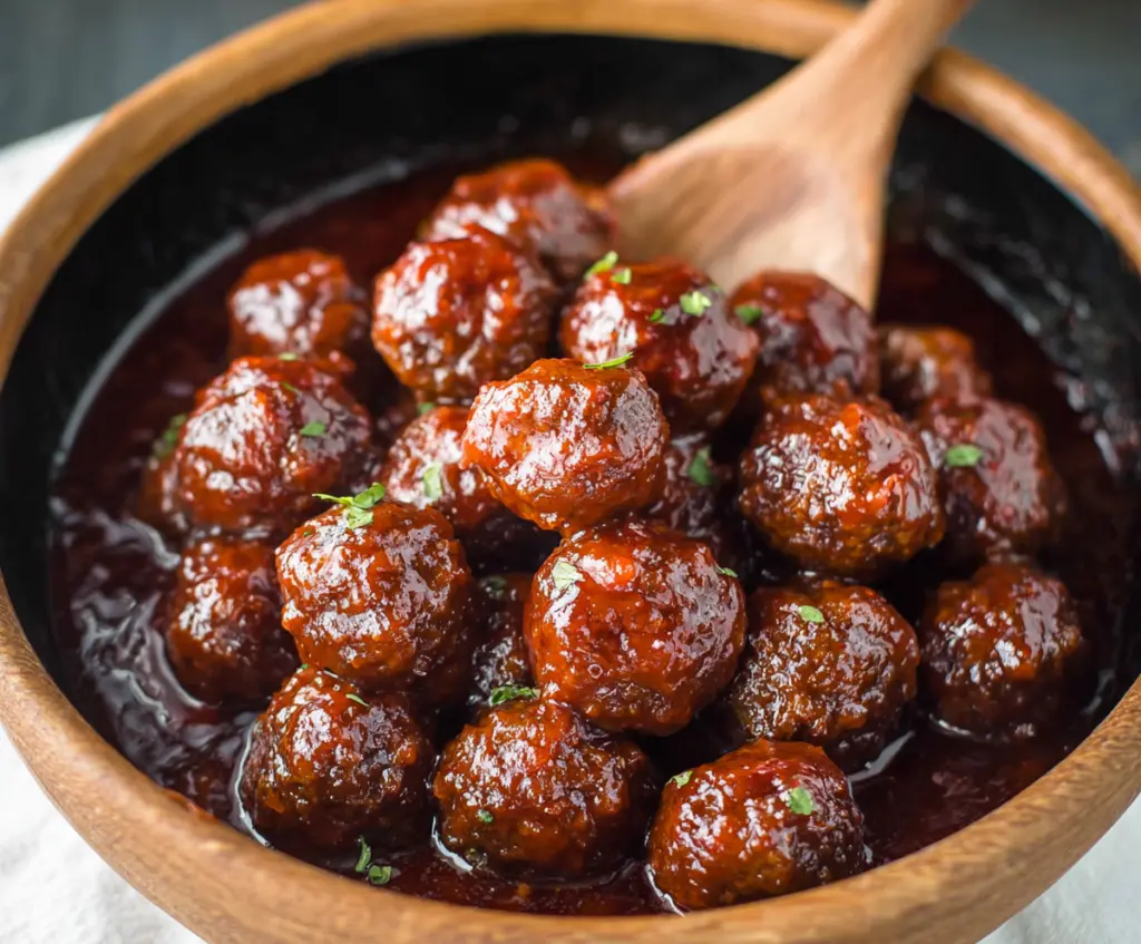 Delicious raspberry chipotle meatballs served on a platter, perfect for appetizers or parties.