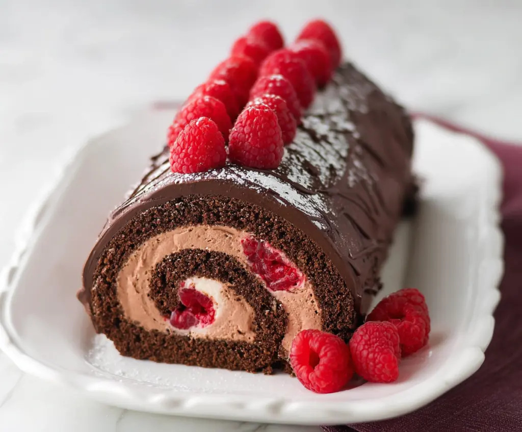 Delicious Raspberry Chocolate Swiss Roll cake with fresh berries and rich chocolate swirls