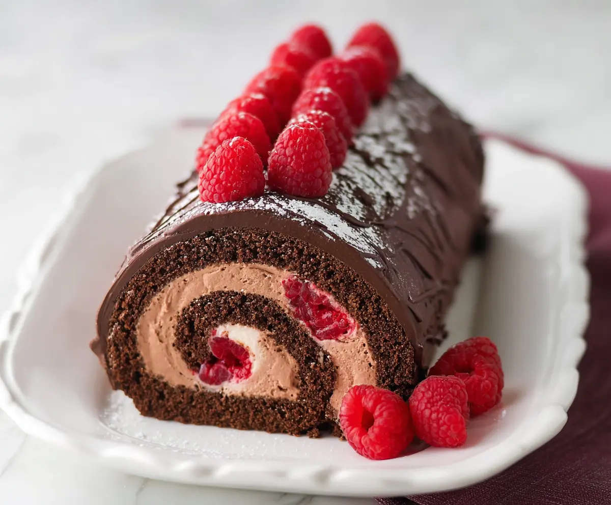 Delicious Raspberry Chocolate Swiss Roll cake with fresh berries and rich chocolate swirls