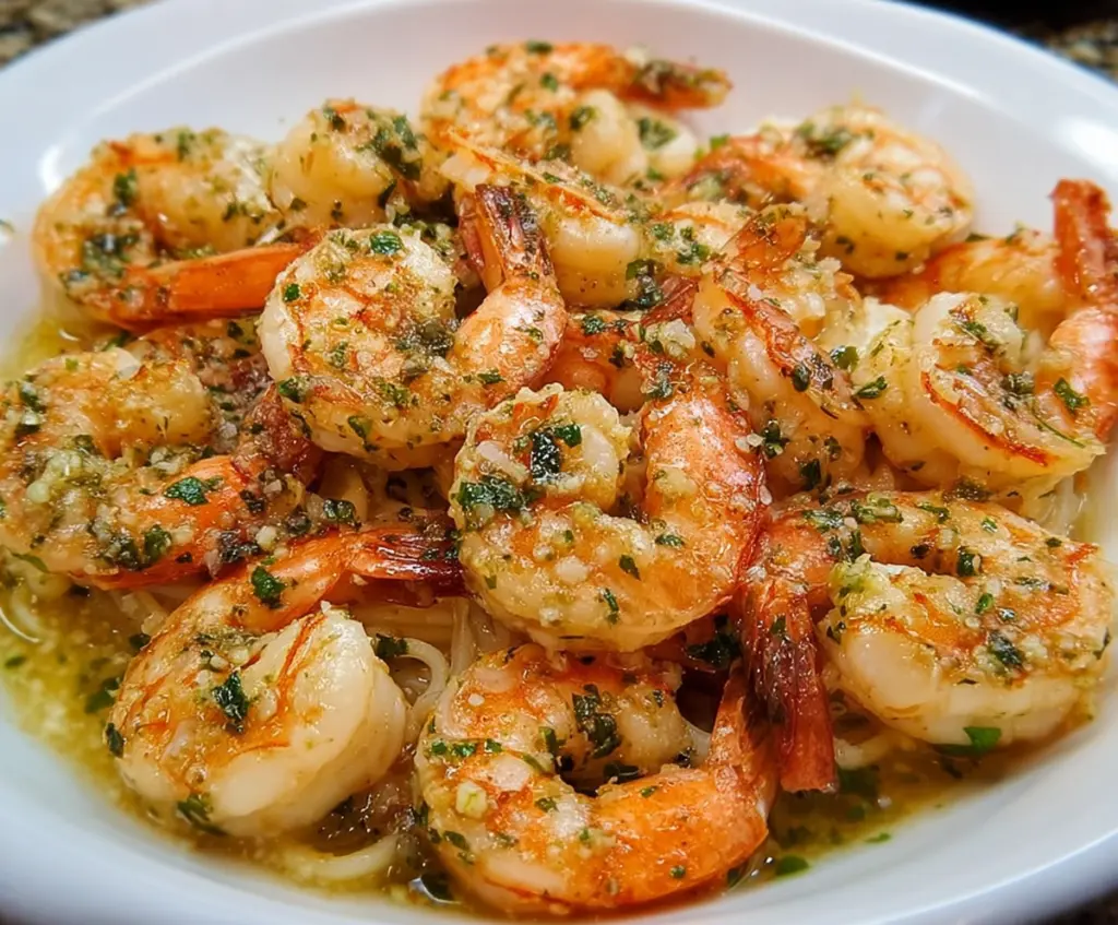Delicious Red Lobster Shrimp Scampi served with lemon and herbs on a white plate.
