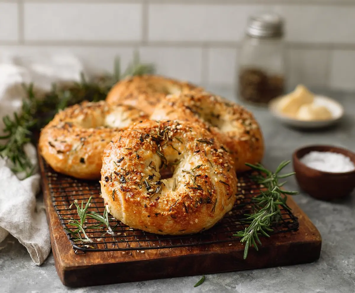Freshly baked rosemary bagels with a golden crust and aromatic herbs on a rustic wooden table.