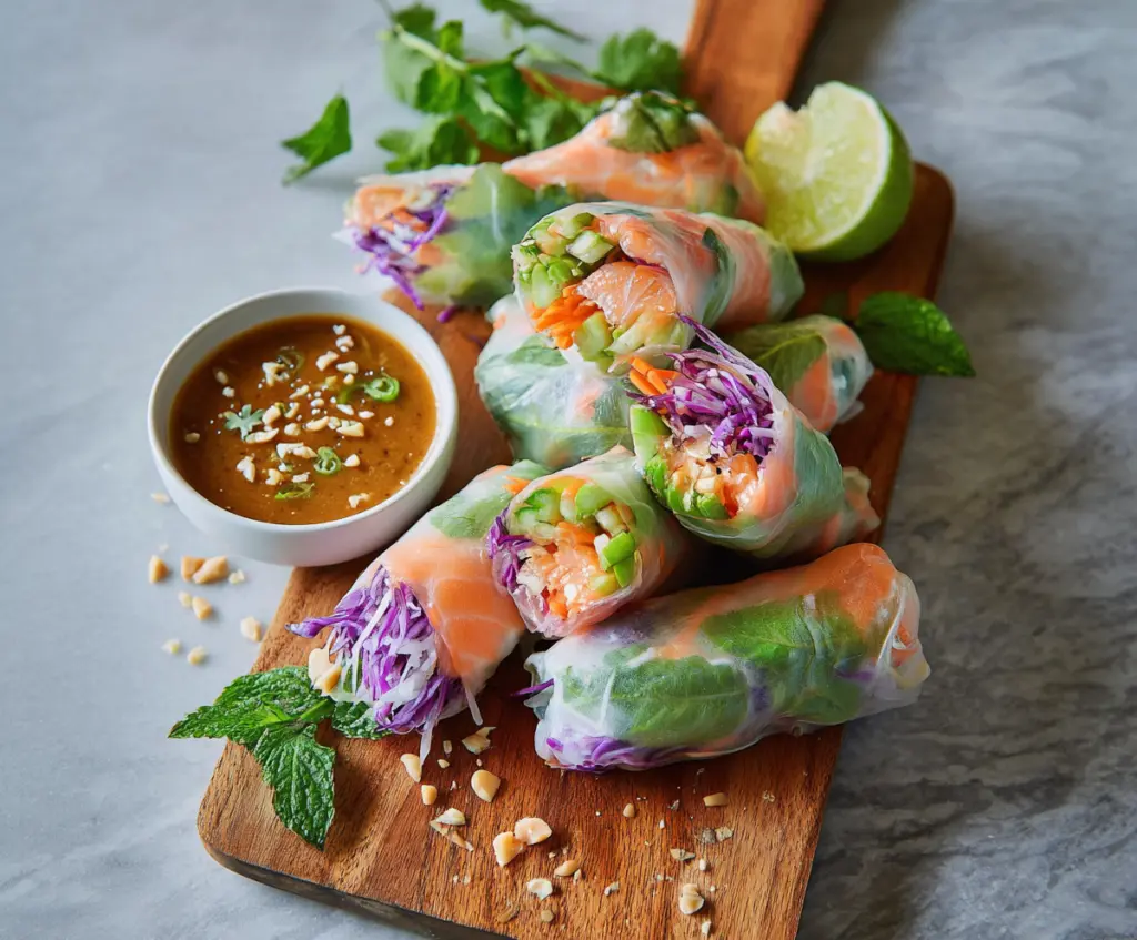 Fresh salmon spring rolls filled with vegetables served with creamy peanut sauce.