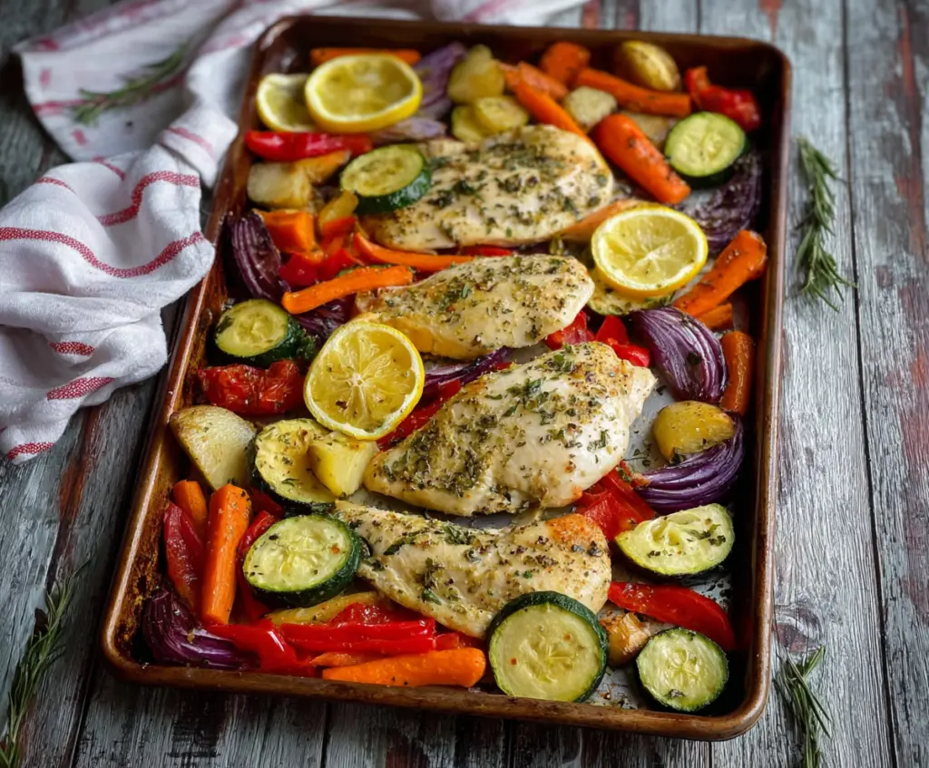 Delicious sheet pan lemon herb chicken with colorful vegetables on a dinner plate.