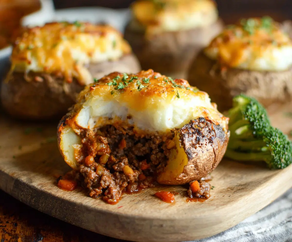 Delicious shepherd's pie served inside baked potatoes with melted cheese and fresh herbs.