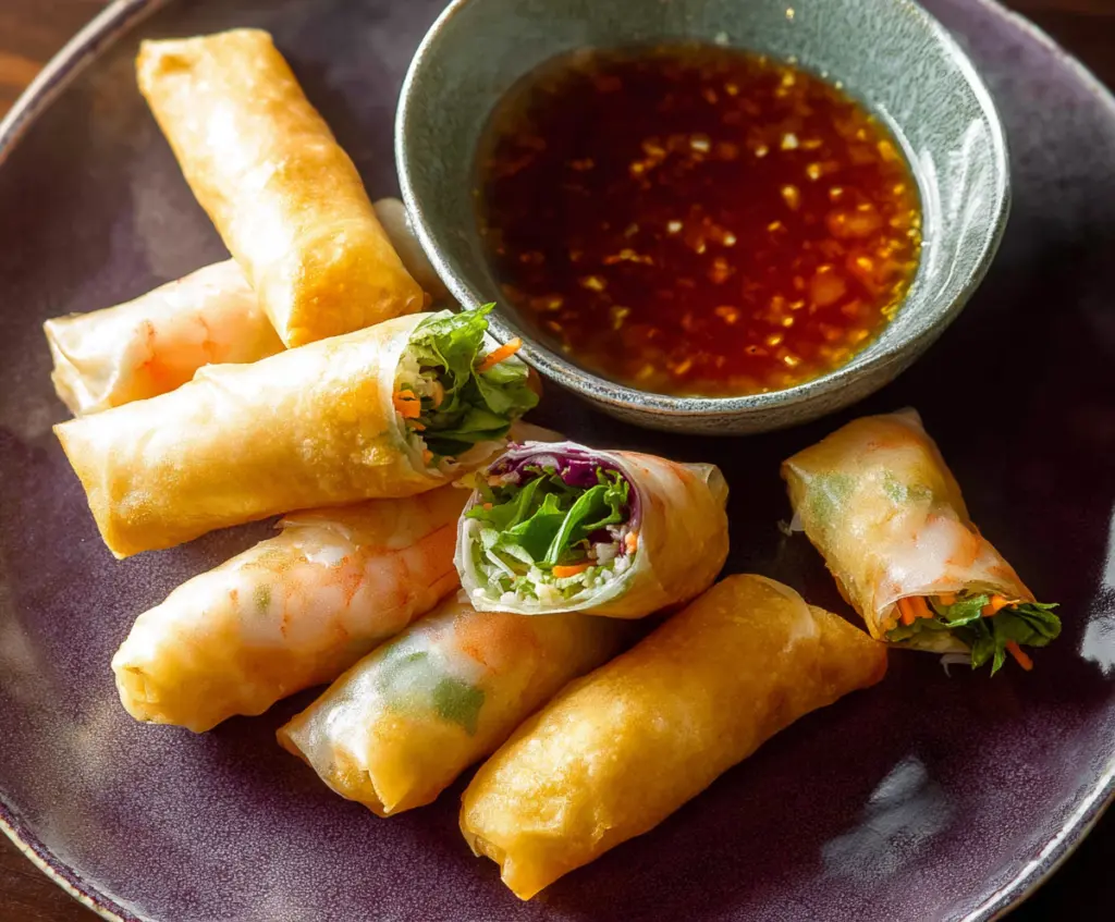 Delicious shrimp and pork spring rolls with fresh vegetables wrapped in rice paper.
