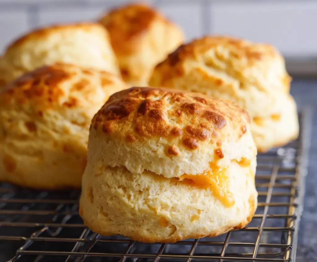 Delicious homemade sourdough cheese scones on a rustic wooden board, perfect for breakfast or snack.